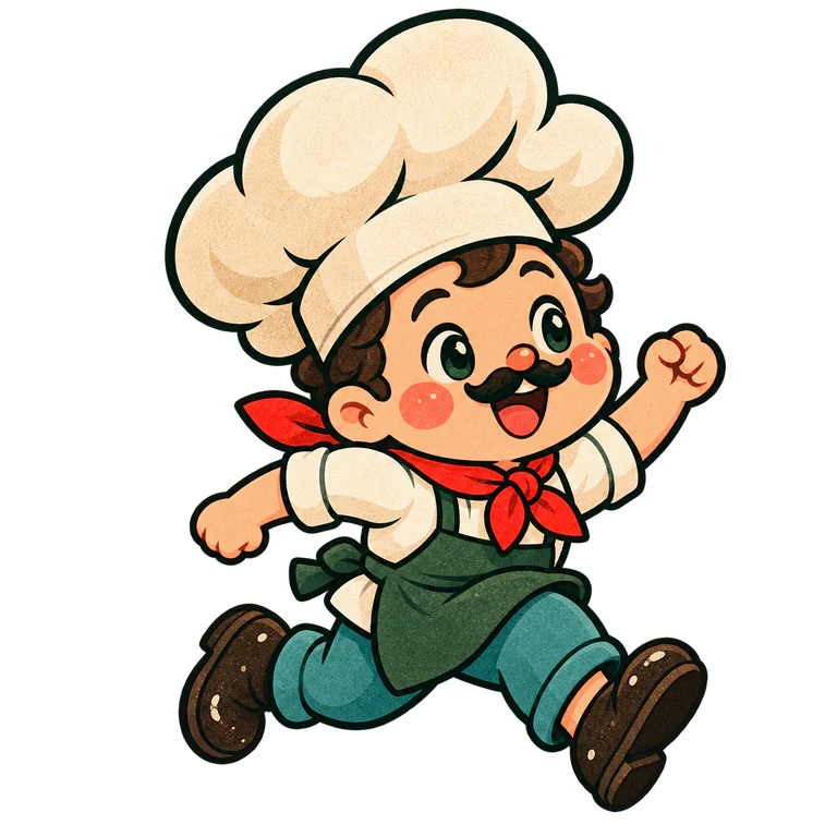 A cheerful human chef with a tall cream toque, a curly moustache and a red neckerchief.