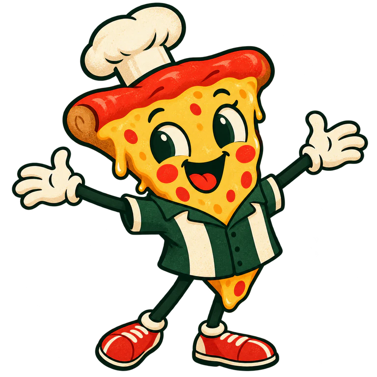 A golden pizza-slice mascot in a green bowling shirt, with outstretched arms and red shoes.