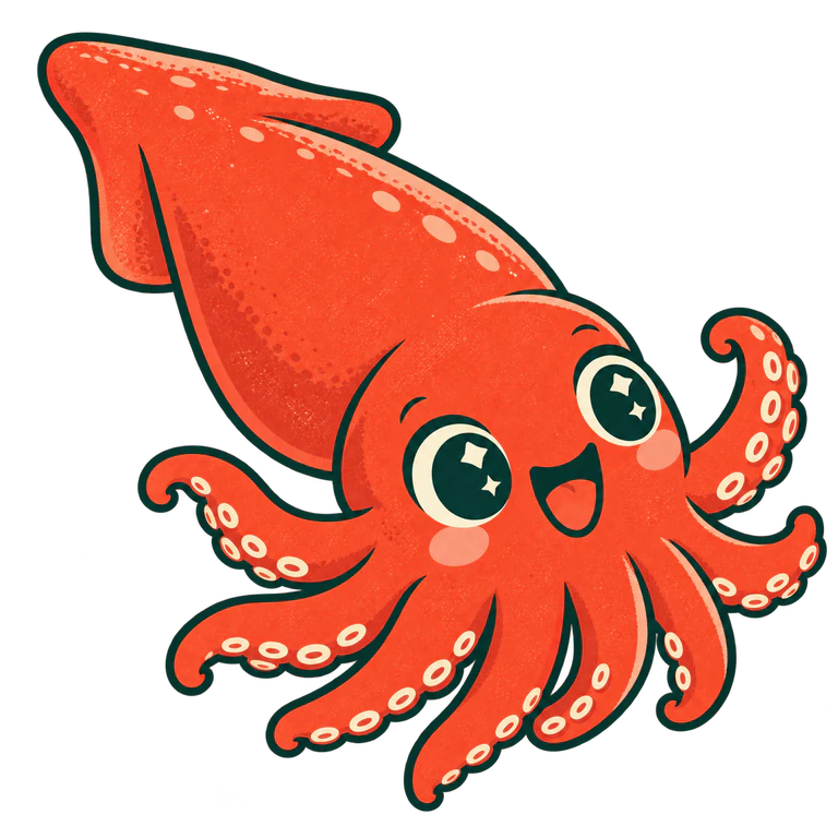 A coral-red squid with a pointed mantle, big sparkling eyes and curling arms.