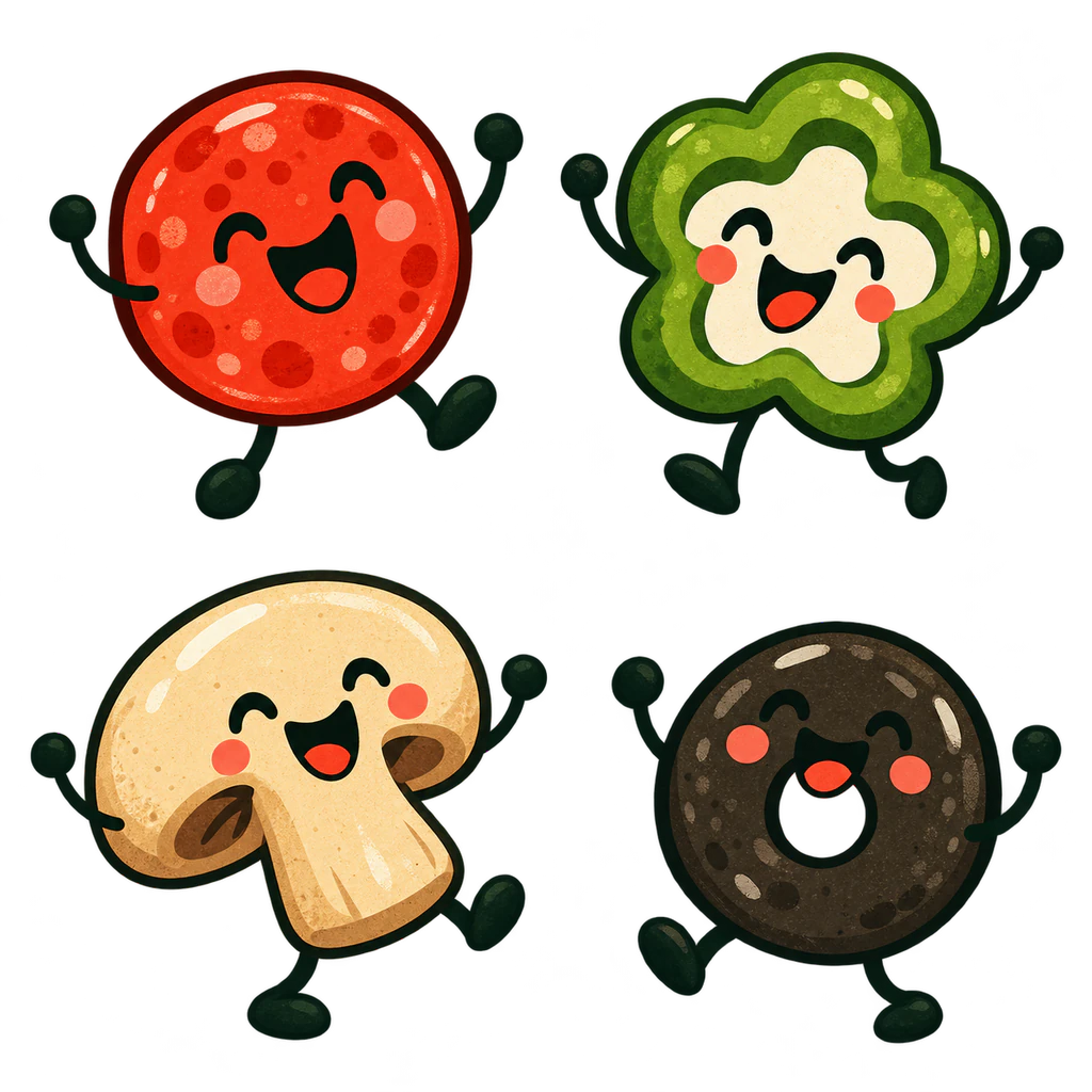 A smiling round pepperoni with tiny dark arms and legs.