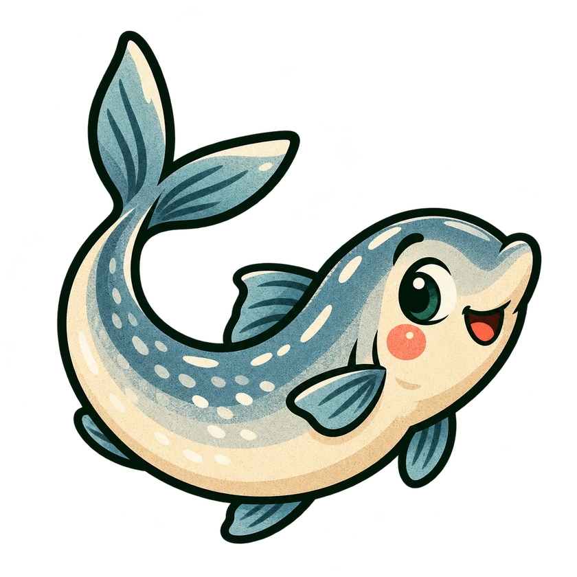 A silver-blue anchovy with a gently curled body, a forked tail and a cheerful smile.
