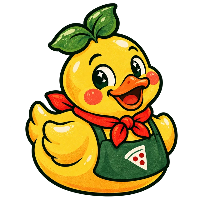 Pesto, a yellow rubber duck with basil leaves, a red scarf and a green pizza bib.