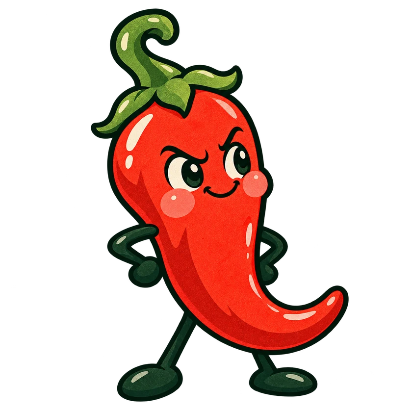 A curved red chilli with a leafy green stem, mischievous eyes and hands on its hips.