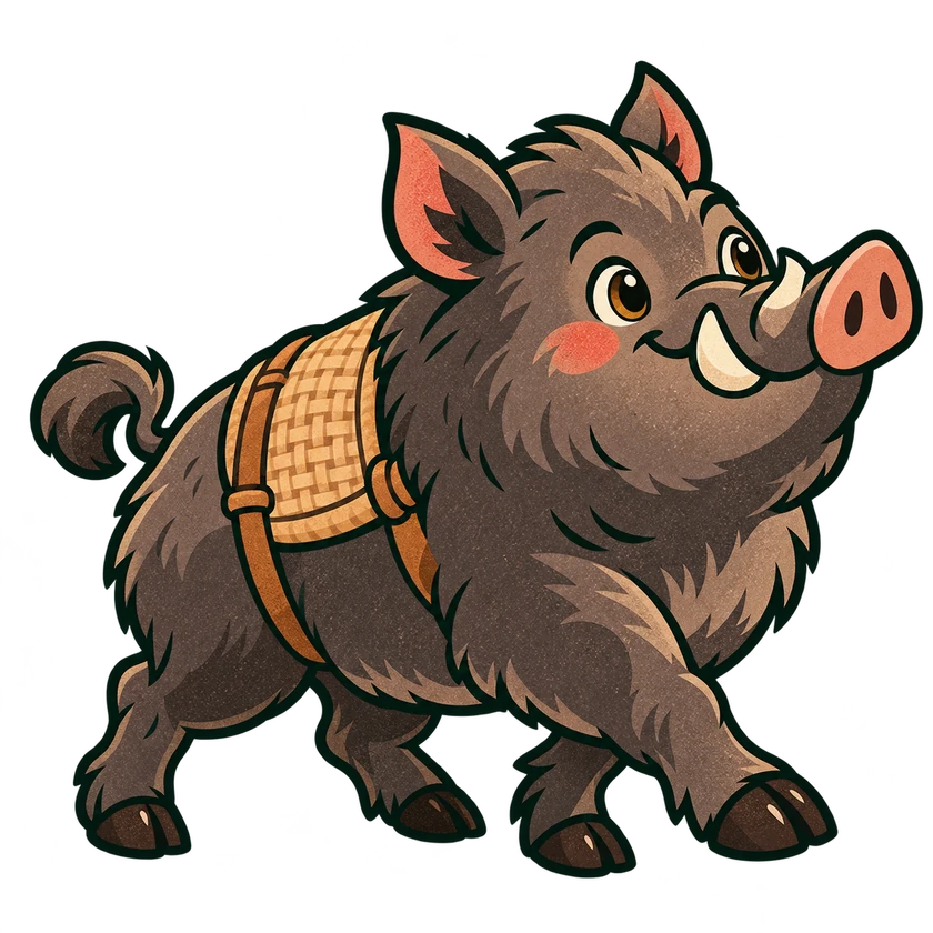 A stout grey-brown wild boar with amber eyes, small ivory tusks and a woven saddle pad.
