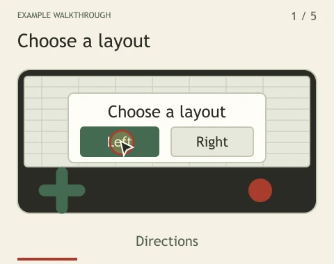 A phone example moves the direction pad from left to right, changes its size and opens the larger play area.