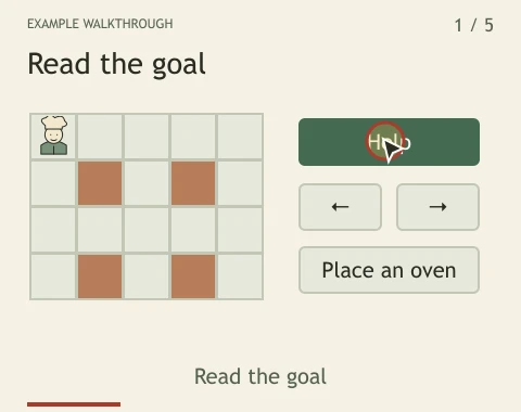 The example opens Help, moves the chef through a lane, then pauses. The highlighted control changes with the action.