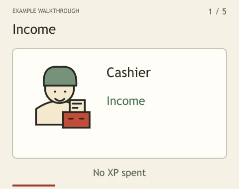 The cards introduce five kitchen staff roles: income, loss protection, rivalry campaigns, cookoff success and automatic banking.