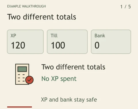 XP stays at 120 while the example hires a guard, banks Coins and loses a cookoff. Only the exposed till balance falls.