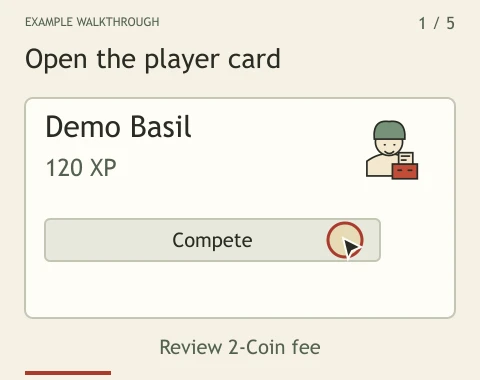 The player card opens, the entry fee is reviewed and confirmed, then a successful example reduces the opponent’s exposed Coins and starts recovery protection.