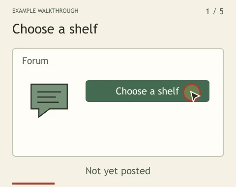 The example chooses a shelf, fills a title and explanation, checks the draft, and publishes the post.