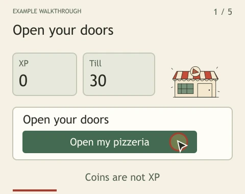 The example opens with 30 Coins, hires a cashier for 20 and keeps 10. The last frame jumps ahead one hour to illustrate income; it is not a real-time clock.