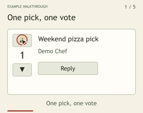 A pick starts at 1, an upvote changes it to 2, and selecting the same arrow returns it to 1. A reply opens below the pick.
