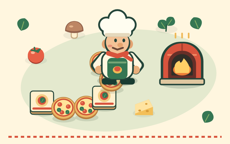 Pizza Man leads a procession of pizzas toward a glowing brick oven.
